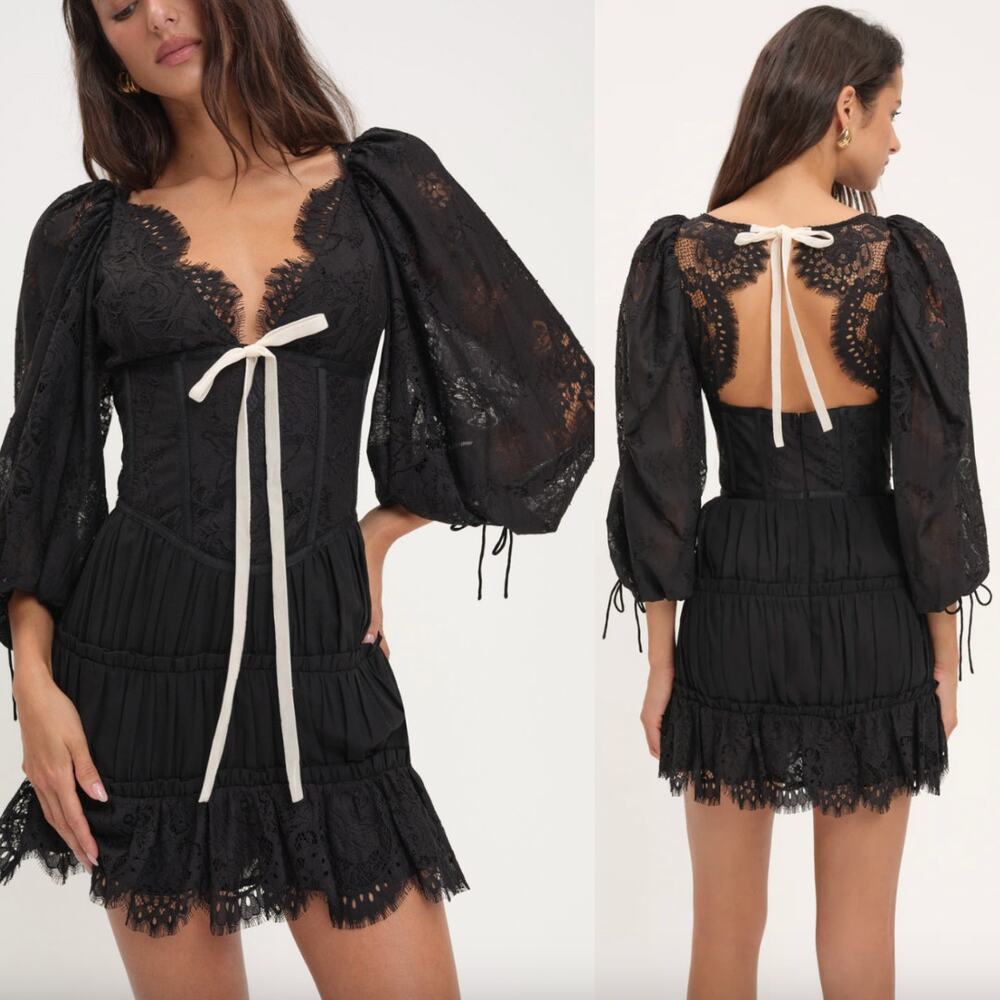 For Love & Lemons | Ellis Mini Dress in Black Romantic Corset Lace Dress S